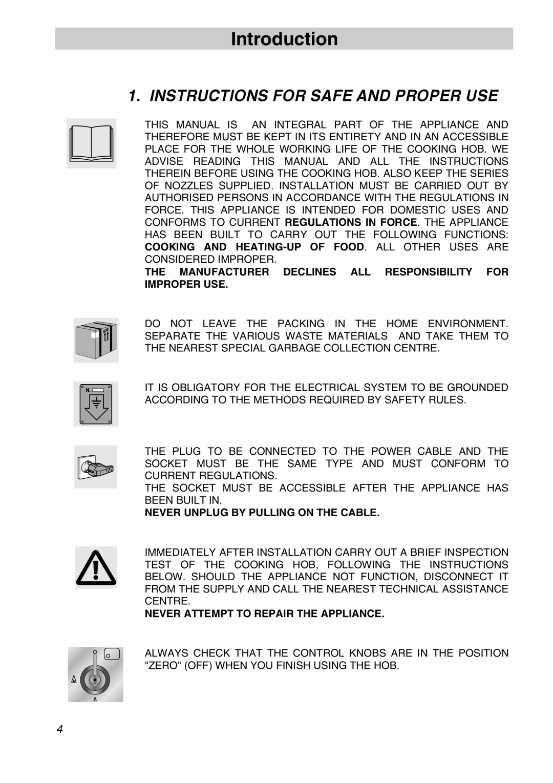 Smeg CIR60XS manual Introduction, Instructions For Safe And Proper Use, Never Unplug By Pulling On The Cable 