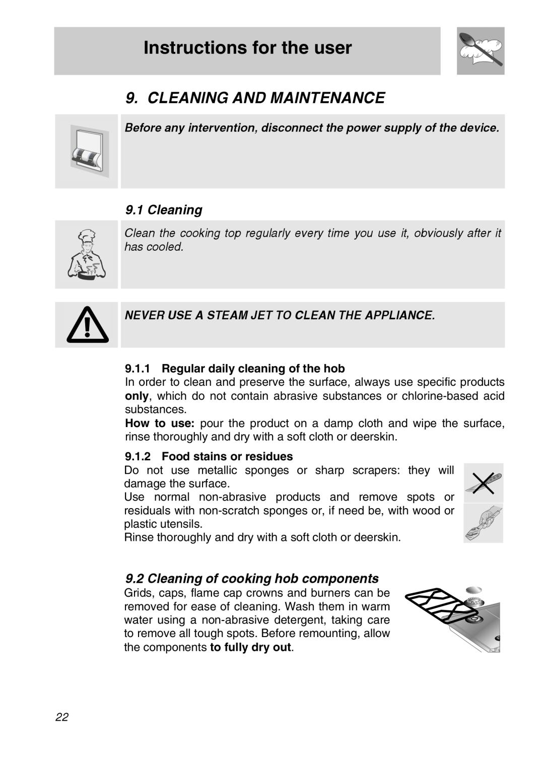 Smeg CIR60XS manual Cleaning And Maintenance, Instructions for the user, Cleaning of cooking hob components 