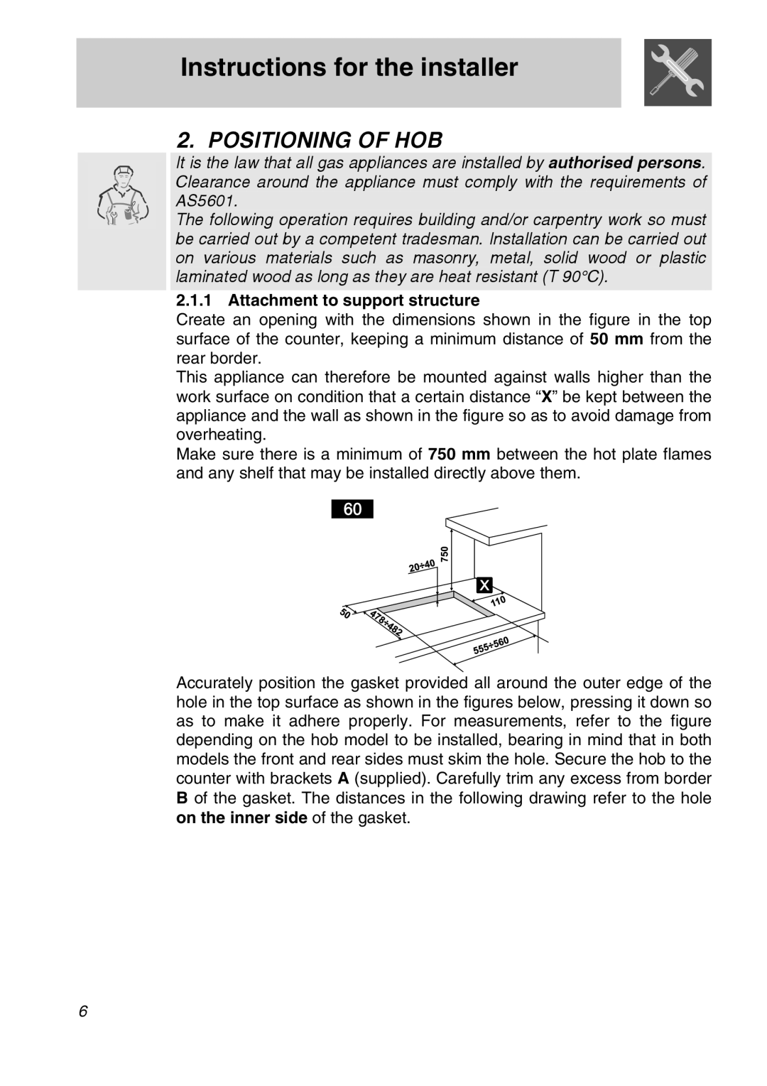 Smeg CIR60XS manual Instructions for the installer, Positioning Of Hob, Attachment to support structure 