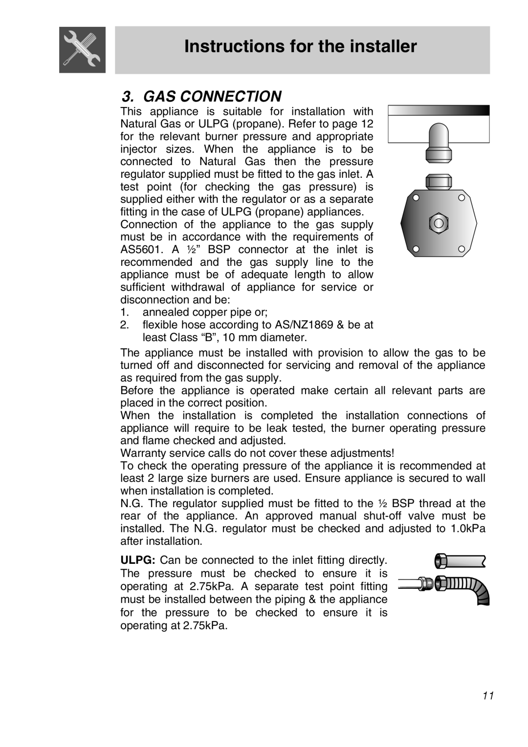 Smeg CIR60XS manual Gas Connection, Instructions for the installer 