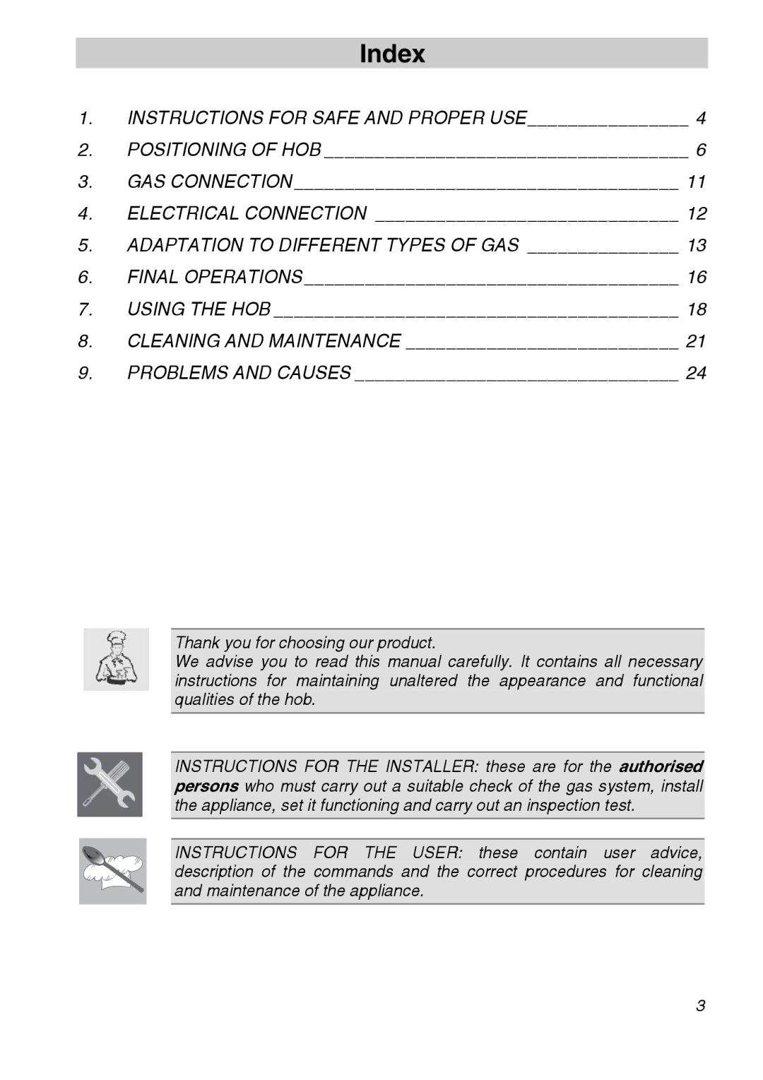 Smeg CIR60X3 manual Index, Adaptation to Different Types of GAS 