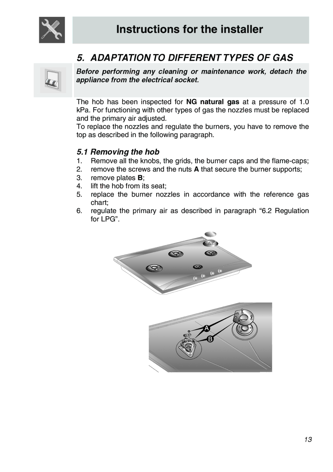 Smeg CIR60X3 manual Adaptation to Different Types of GAS, Removing the hob 