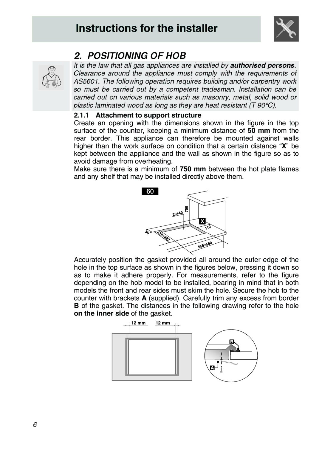 Smeg CIR60X3 manual Instructions for the installer, Positioning of HOB, Attachment to support structure 