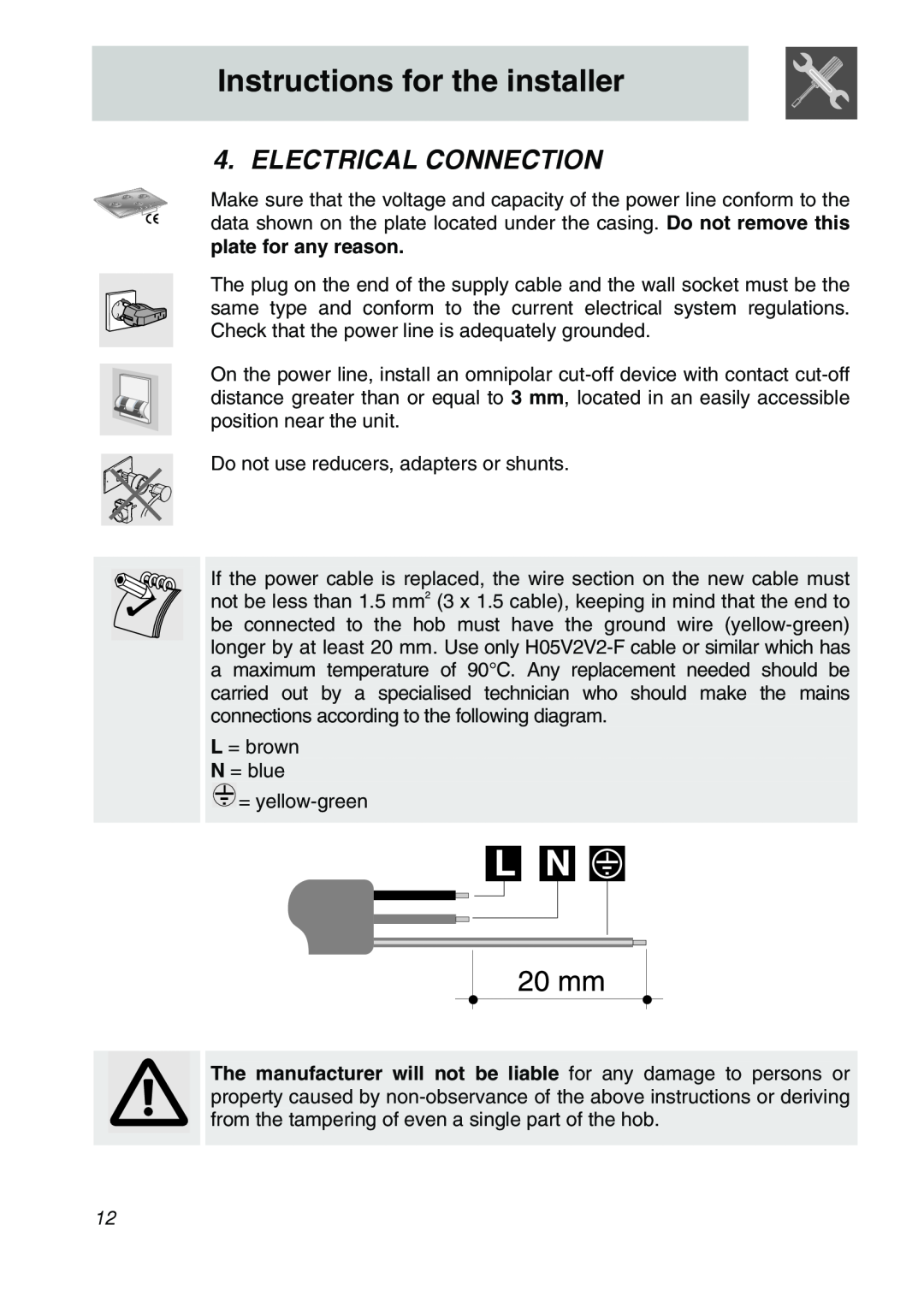 Smeg CIR60X3 manual Electrical Connection, Instructions for the installer 