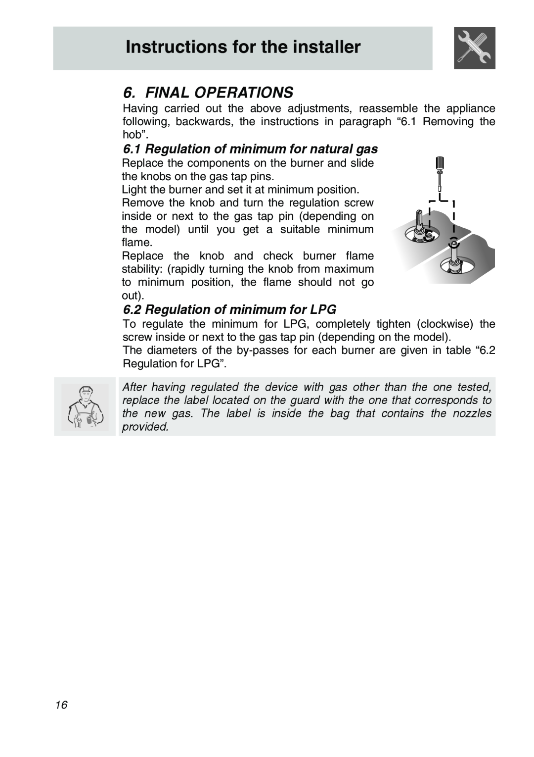 Smeg CIR60X3 manual Final Operations, Regulation of minimum for natural gas, Regulation of minimum for LPG 