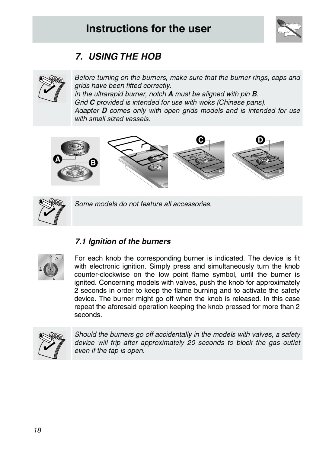 Smeg CIR60X3 manual Instructions for the user, Using The Hob, Ignition of the burners 