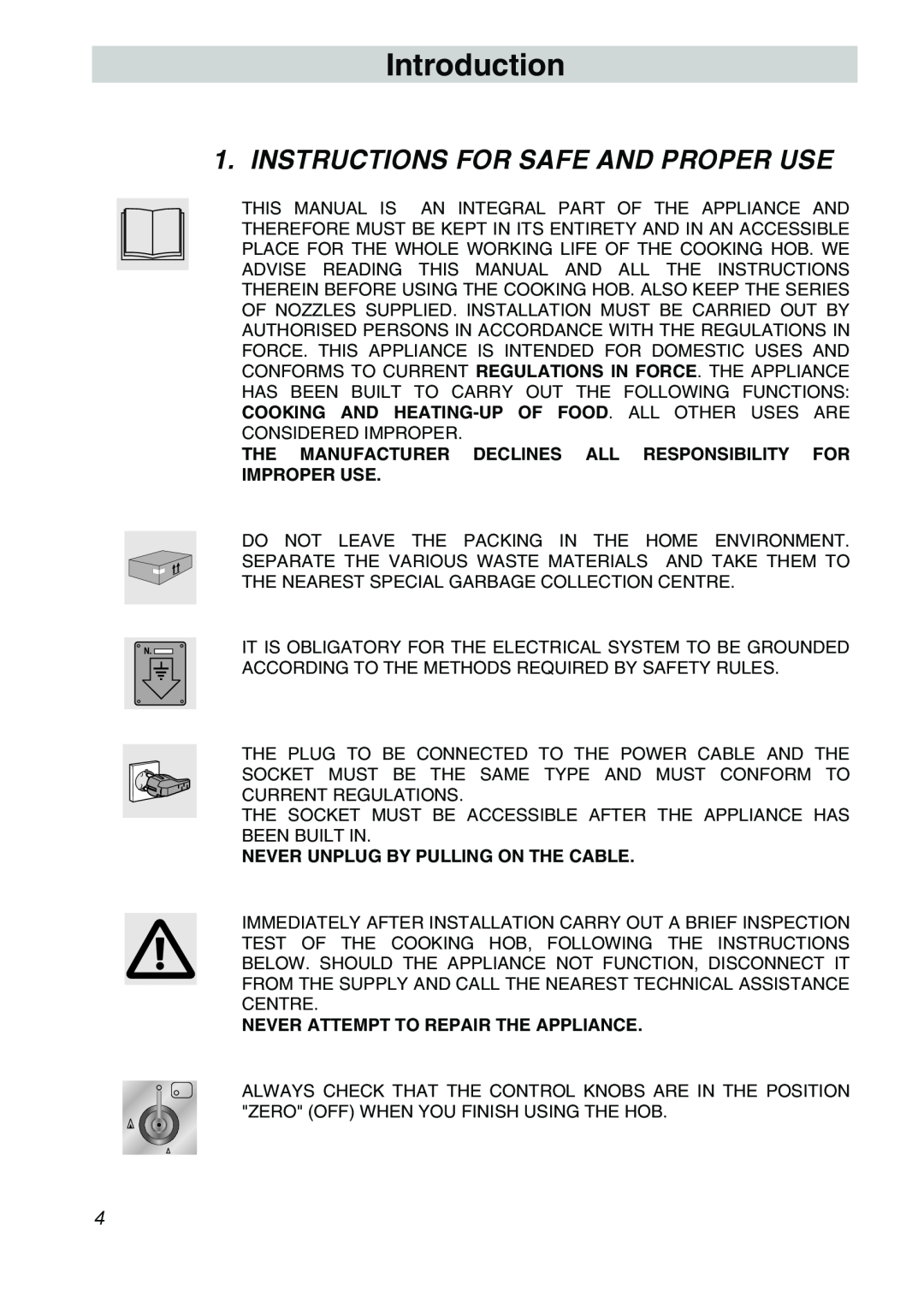 Smeg CIR60X3 manual Introduction, Instructions For Safe And Proper Use, Never Unplug By Pulling On The Cable 