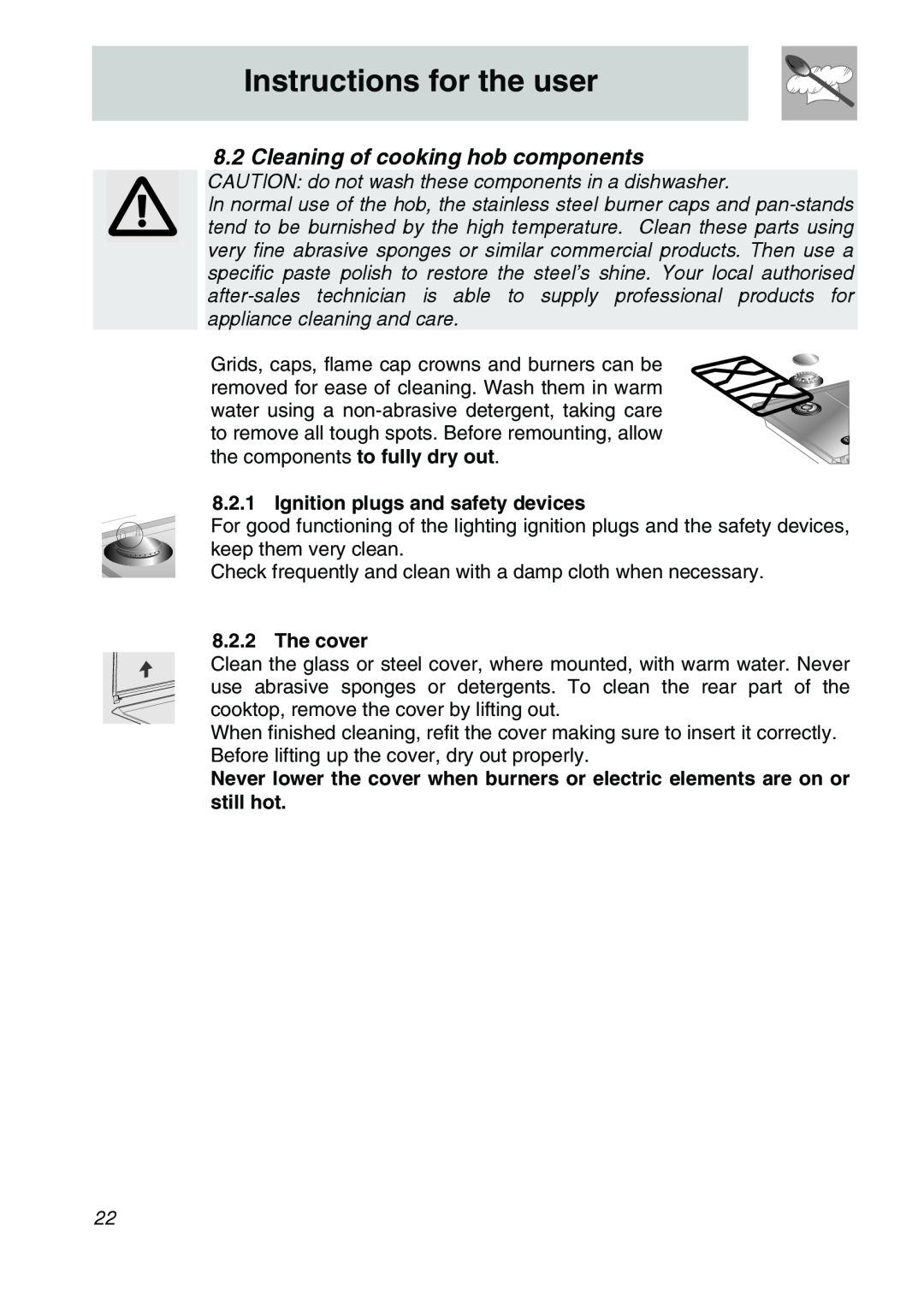 Smeg CIR60X3 Cleaning of cooking hob components, Ignition plugs and safety devices, The cover, Instructions for the user 