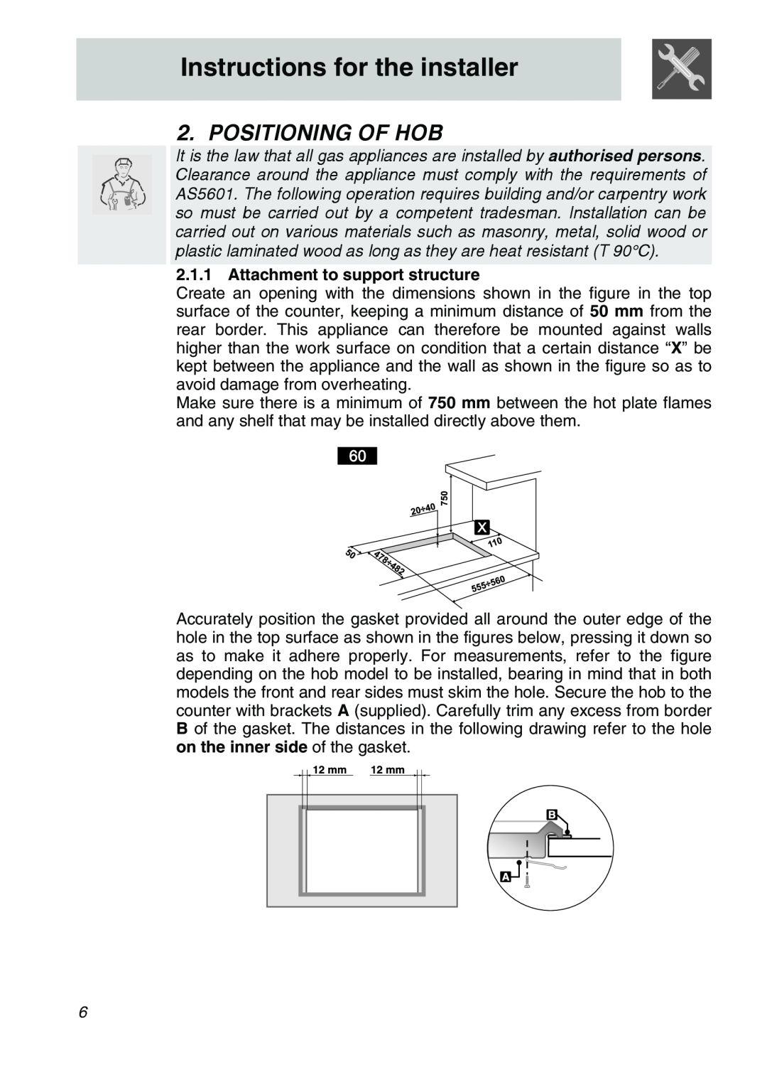 Smeg CIR60X3 manual Instructions for the installer, Positioning Of Hob, Attachment to support structure 