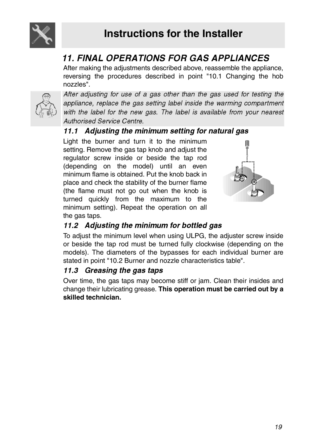 Smeg CIR900X Final Operations for GAS Appliances, Adjusting the minimum setting for natural gas, Greasing the gas taps 