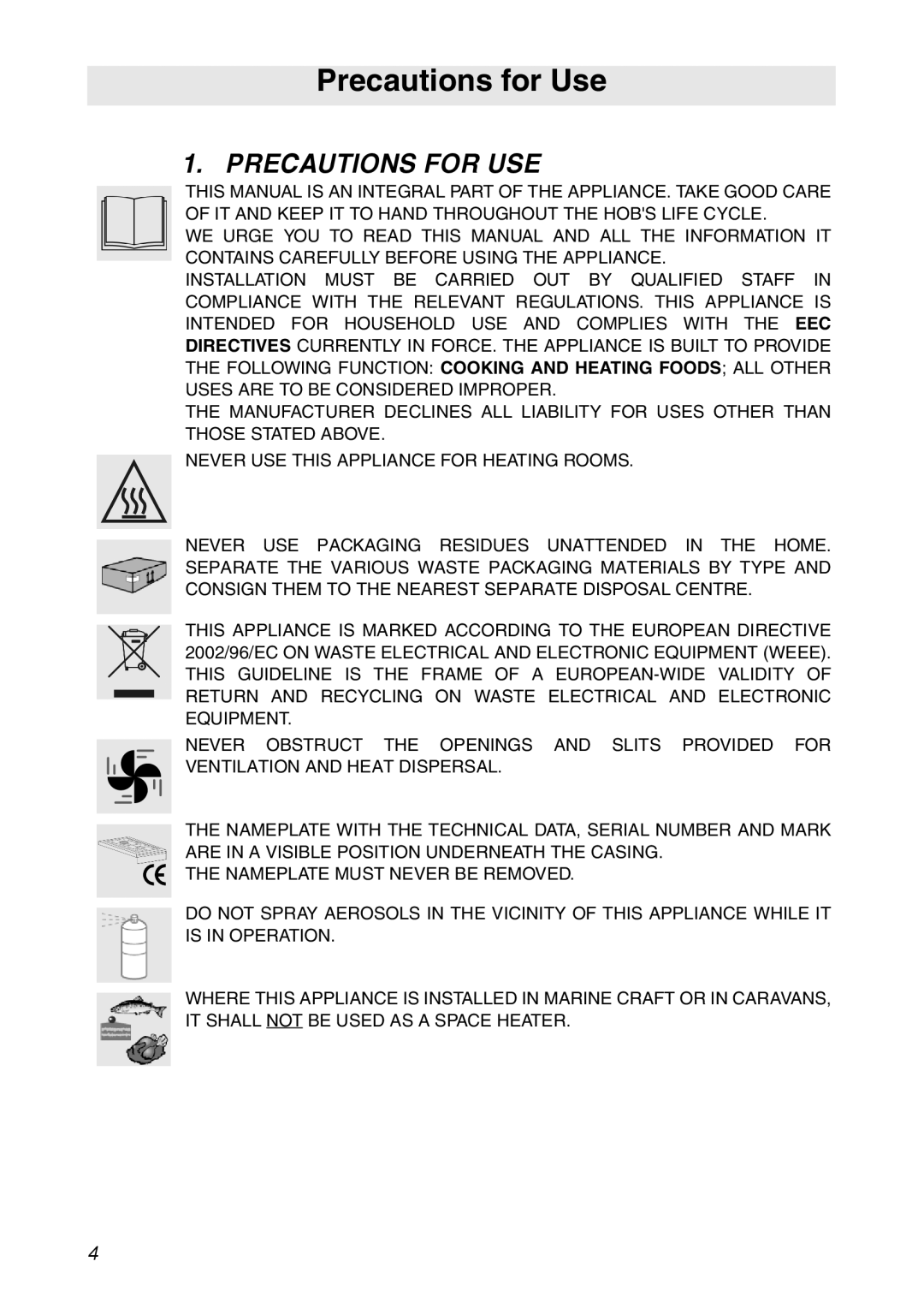 Smeg CIR900X manual Precautions for Use, Precautions for USE 