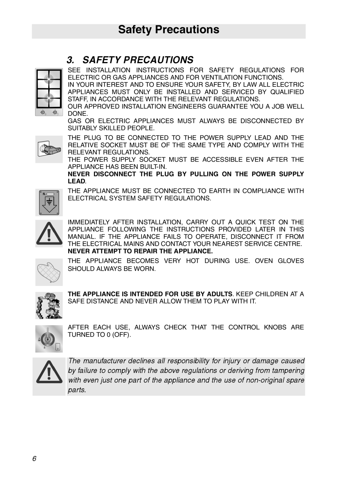 Smeg CIR900X manual Safety Precautions 