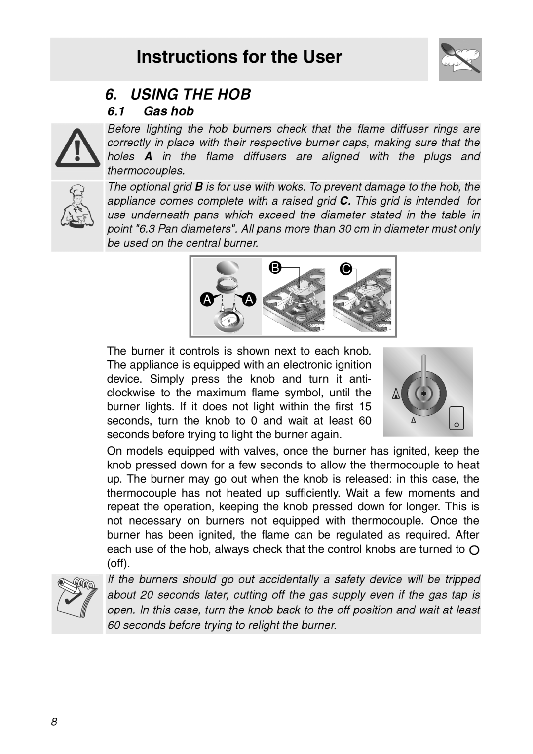 Smeg CIR900X manual Using the HOB, Gas hob 