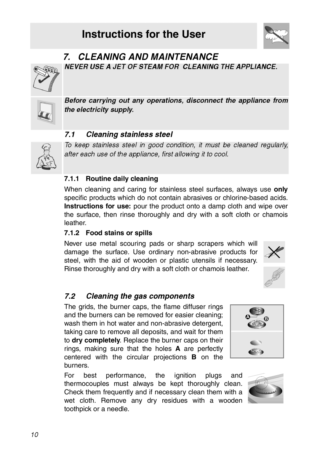 Smeg CIR900X manual Cleaning and Maintenance, Cleaning stainless steel, Cleaning the gas components 