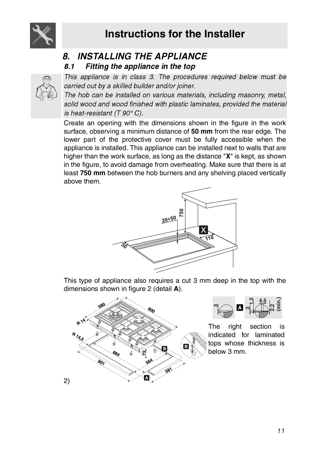 Smeg CIR900X manual Instructions for the Installer, Installing the Appliance, Fitting the appliance in the top 