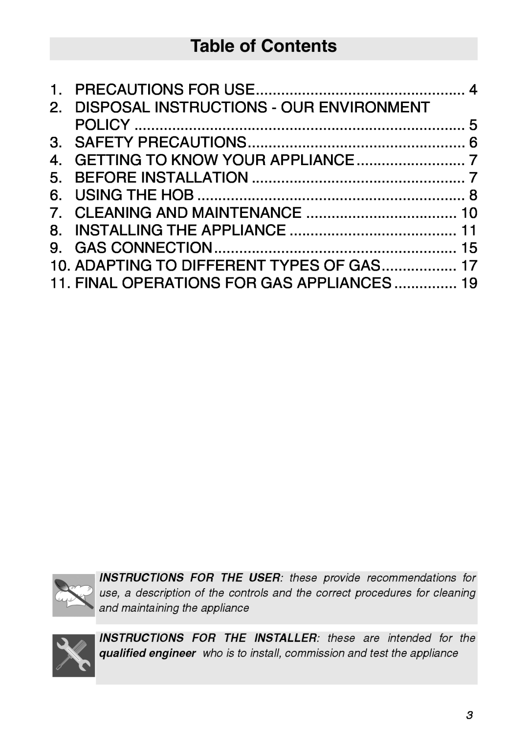 Smeg CIR900X manual Table of Contents 