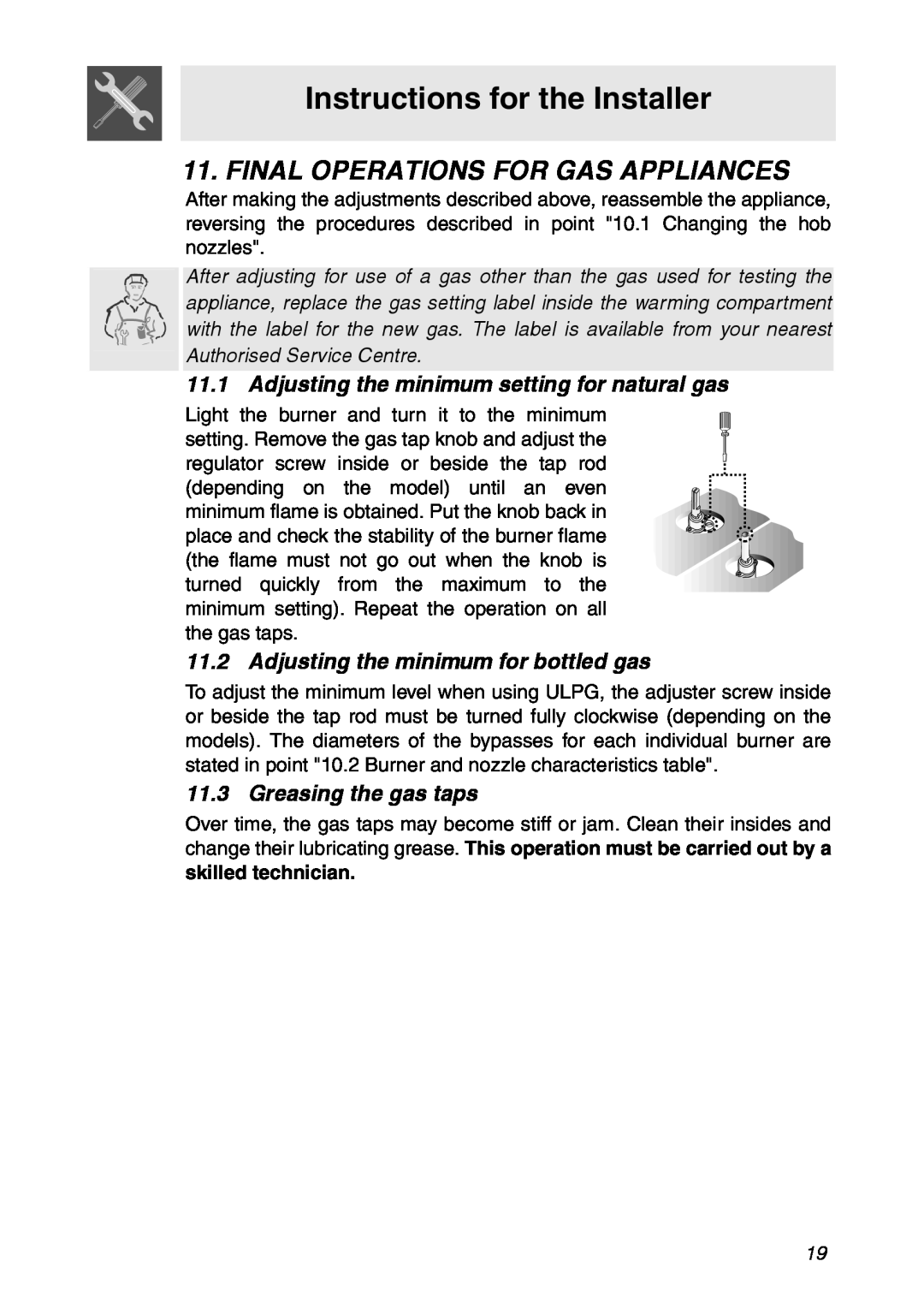 Smeg CIR900X Final Operations For Gas Appliances, Instructions for the Installer, Adjusting the minimum for bottled gas 