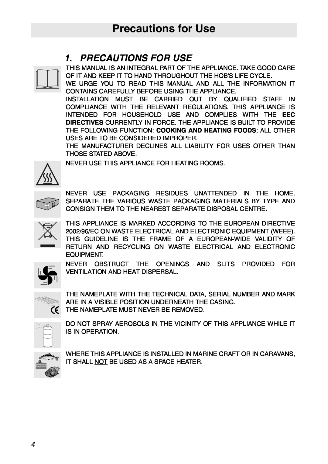 Smeg CIR900X manual Precautions for Use, Precautions For Use 