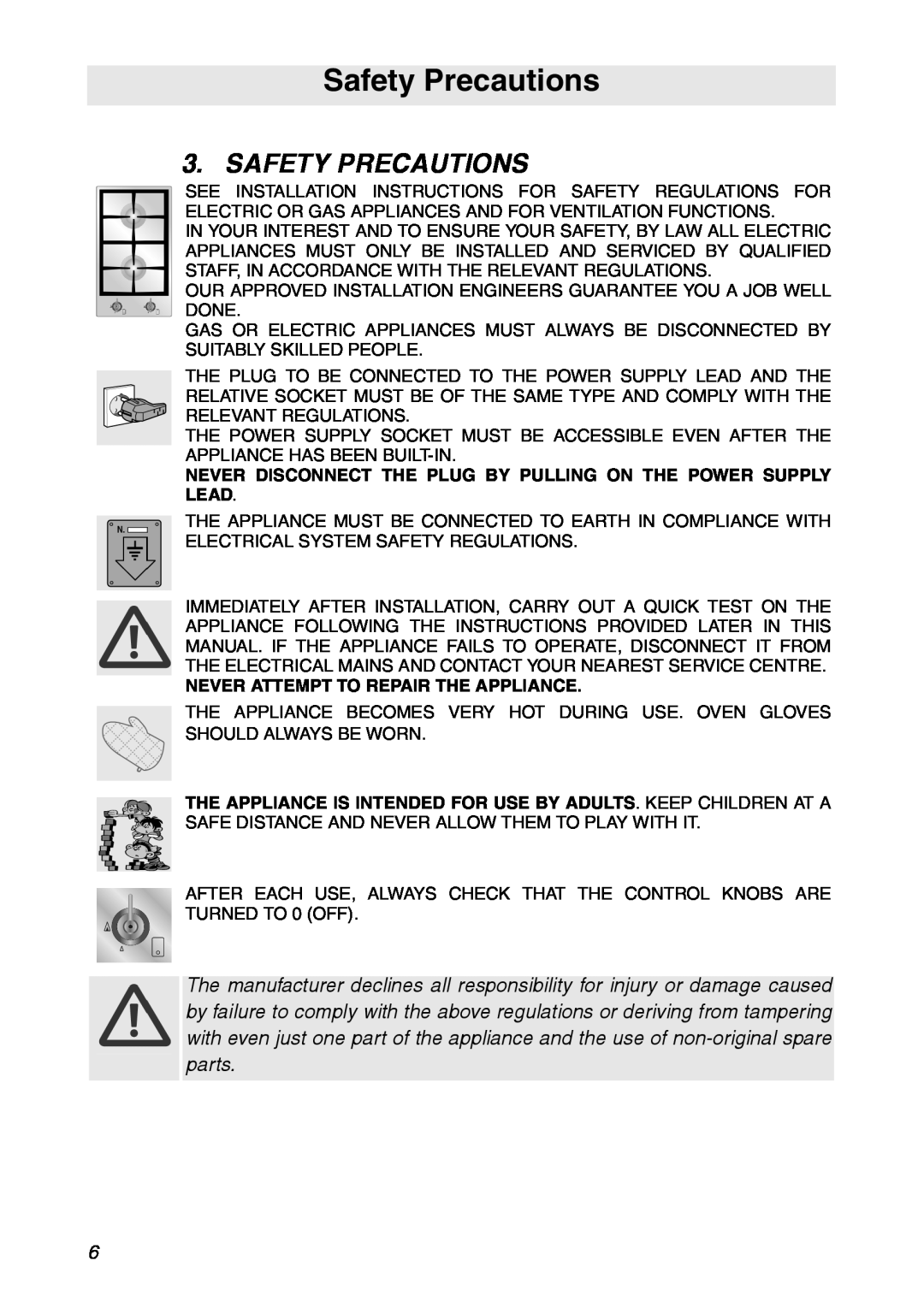 Smeg CIR900X manual Safety Precautions 