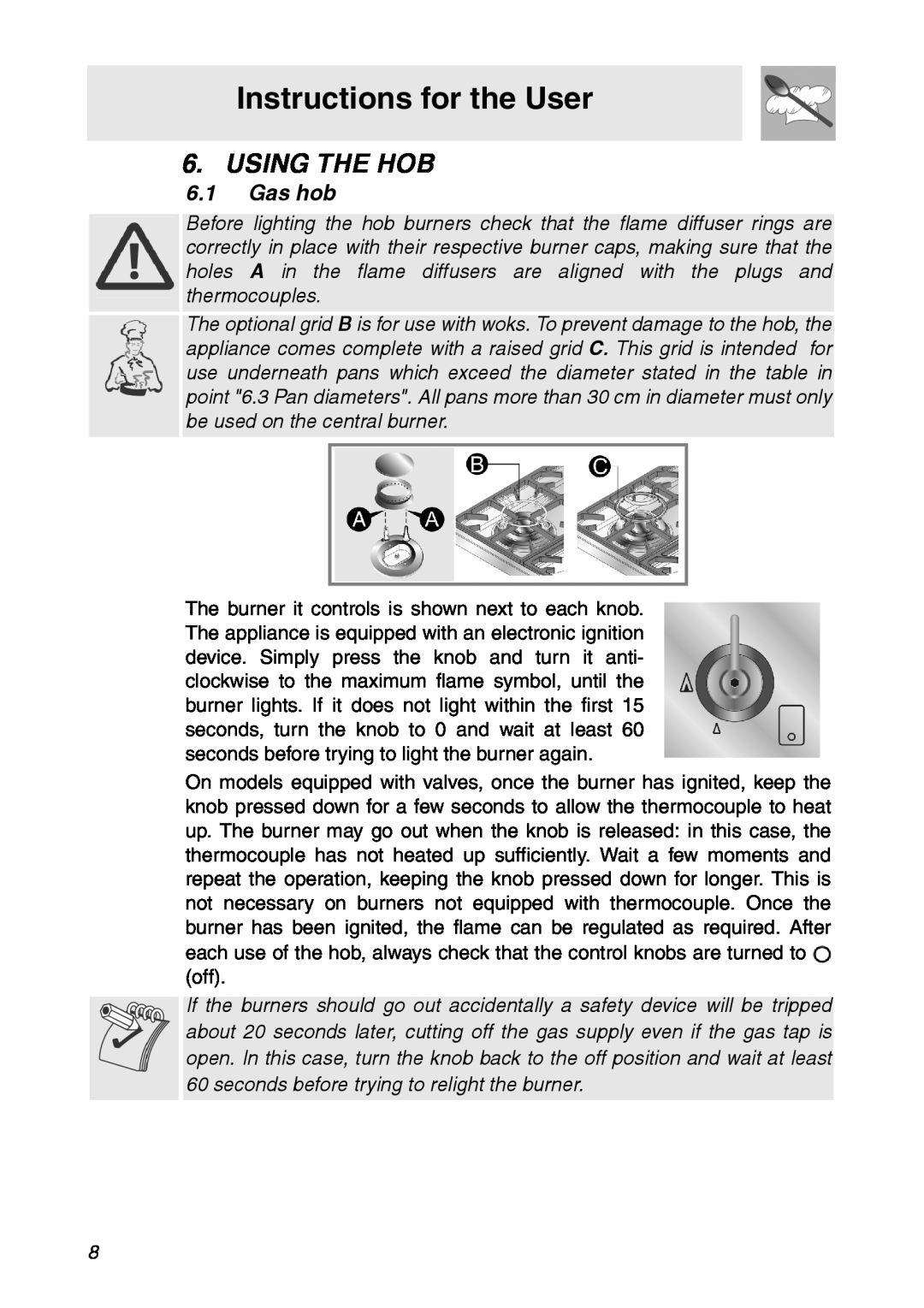 Smeg CIR900X manual Using The Hob, Instructions for the User, 6.1Gas hob 