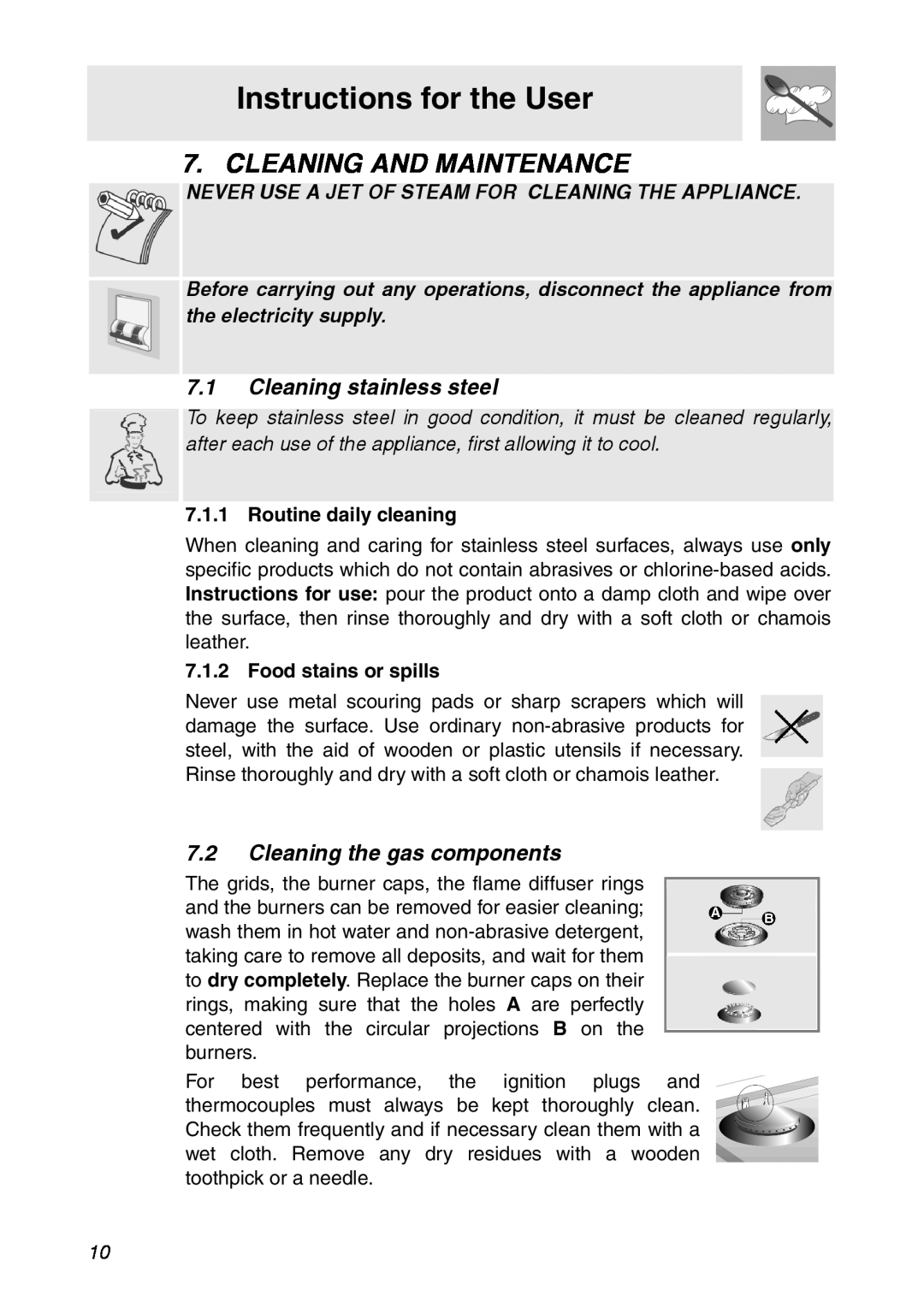Smeg CIR900X Cleaning And Maintenance, Instructions for the User, 7.1Cleaning stainless steel, Routine daily cleaning 