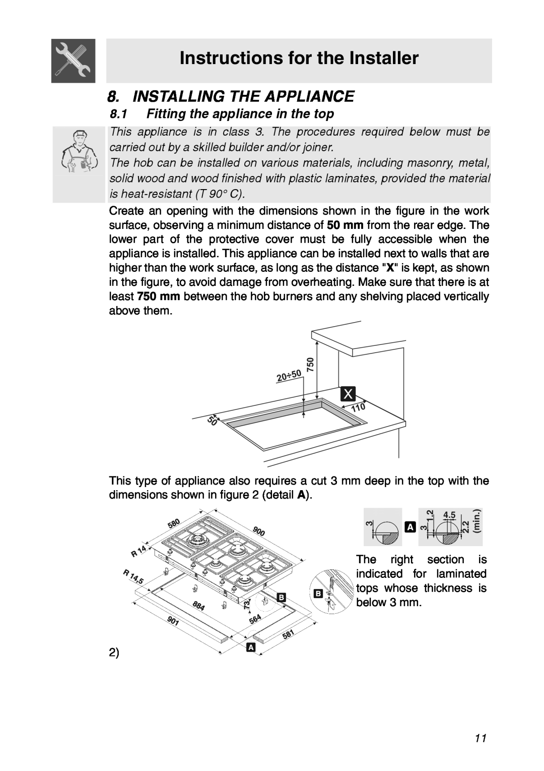 Smeg CIR900X manual Instructions for the Installer, Installing The Appliance, 8.1Fitting the appliance in the top 