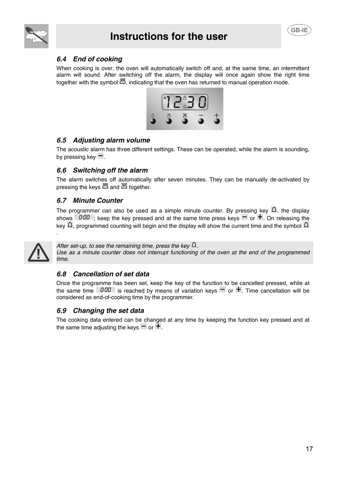 Smeg CIX64MS-5 End of cooking, Adjusting alarm volume, Switching off the alarm, Minute Counter, Cancellation of set data 