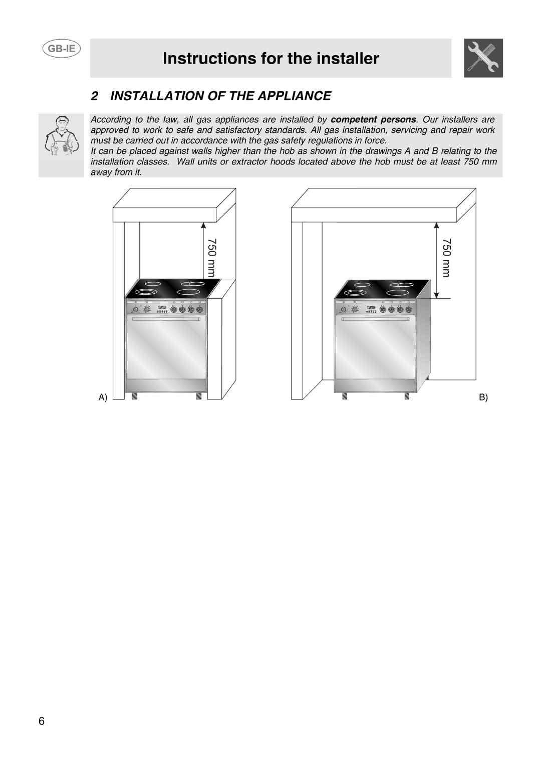 Smeg CIX64MS-5 manual Instructions for the installer, Installation of the Appliance 