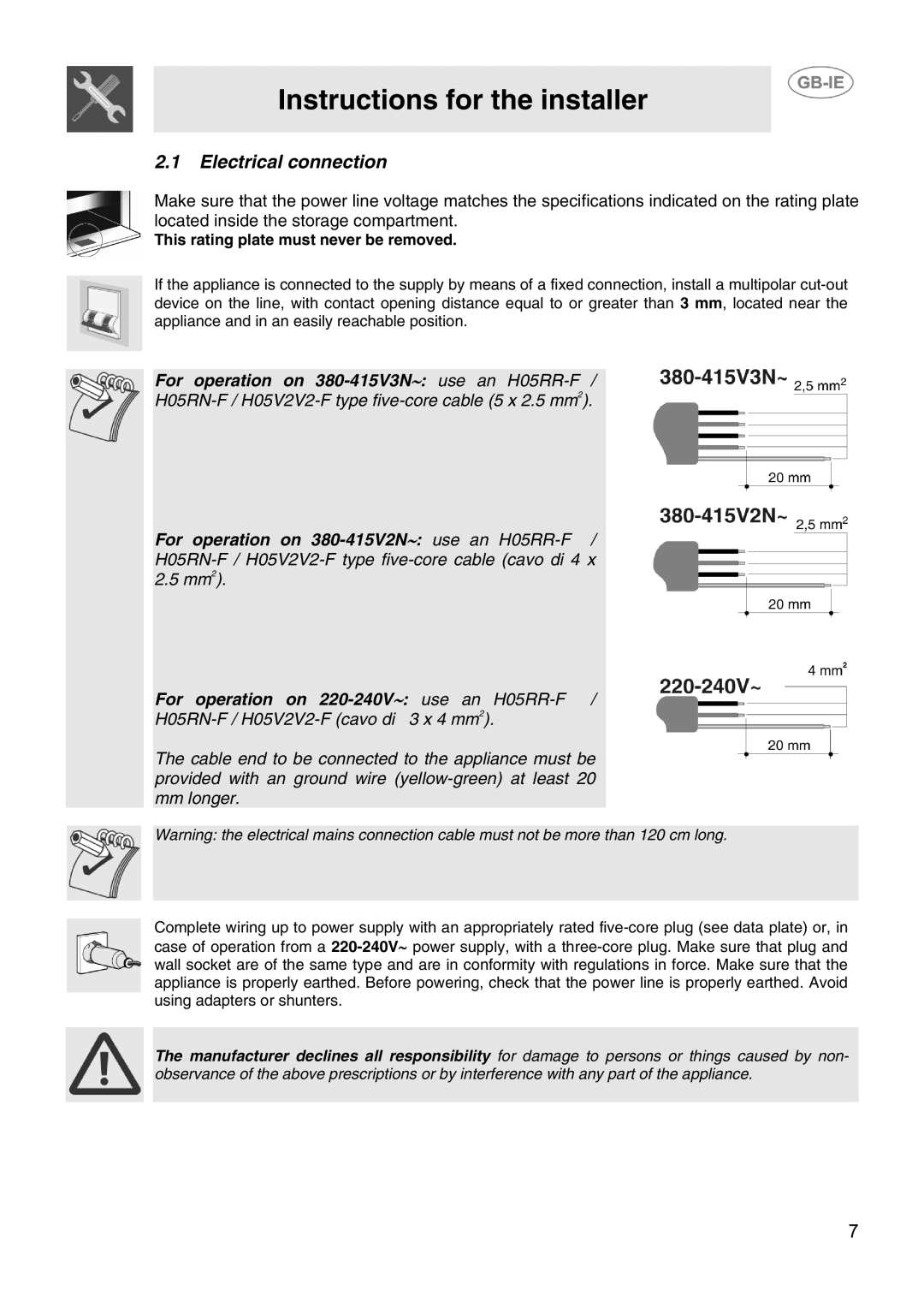 Smeg CIX64MS-5 manual Electrical connection, This rating plate must never be removed 