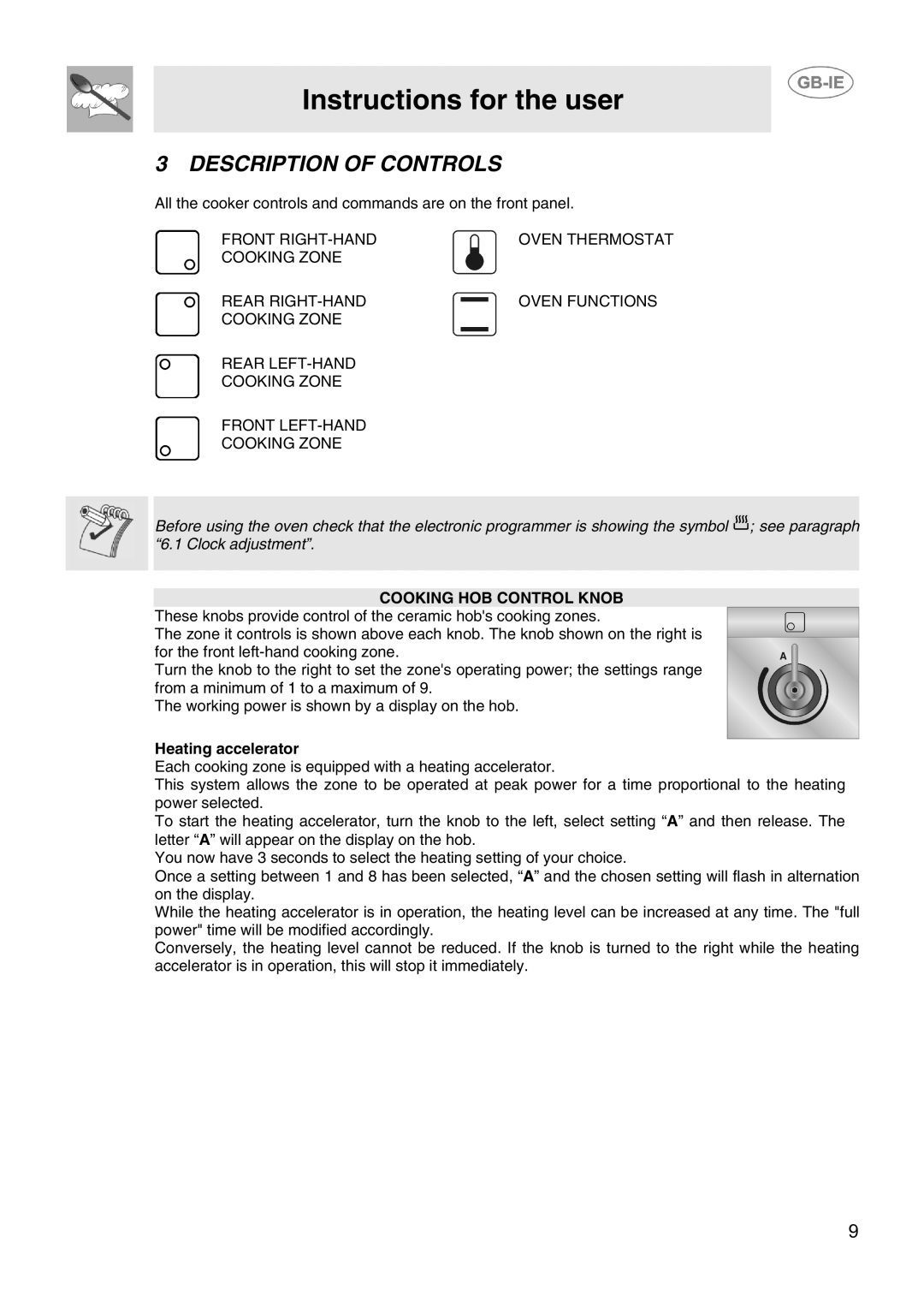 Smeg CIX64MS-5 manual Instructions for the user, Description of Controls, Cooking HOB Control Knob, Heating accelerator 