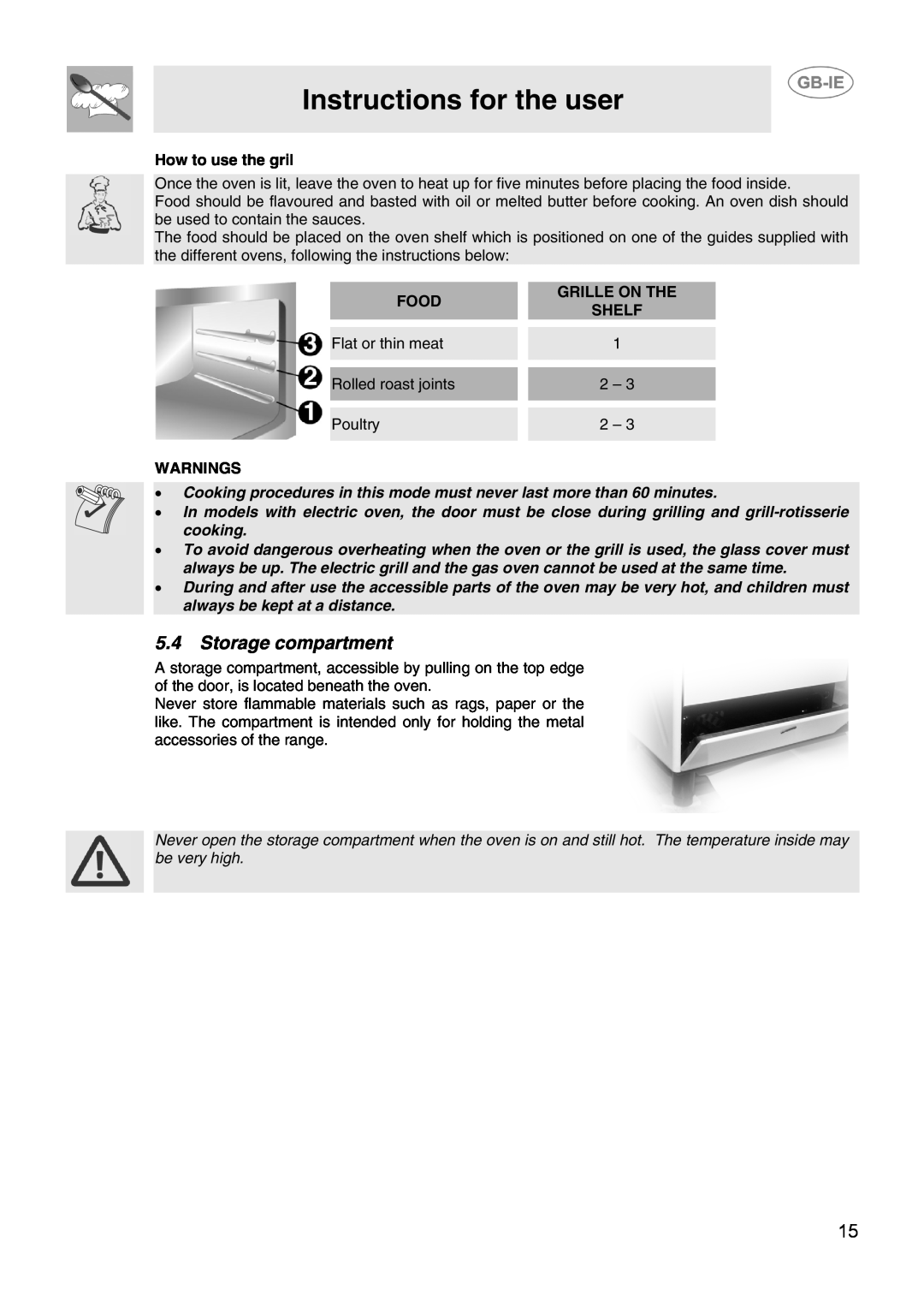 Smeg CIX64MS-5 Storage compartment, Instructions for the user, How to use the gril, Food, Grille On The, Shelf, Warnings 