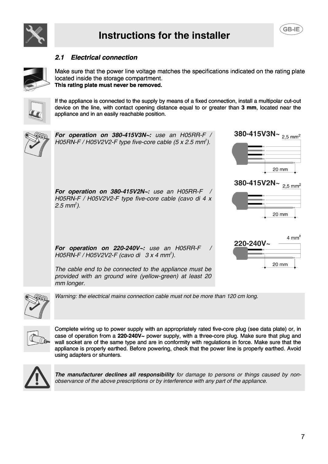 Smeg CIX64MS-5 manual Electrical connection, Instructions for the installer, For operation on 380-415V3N∼ use an H05RR-F 
