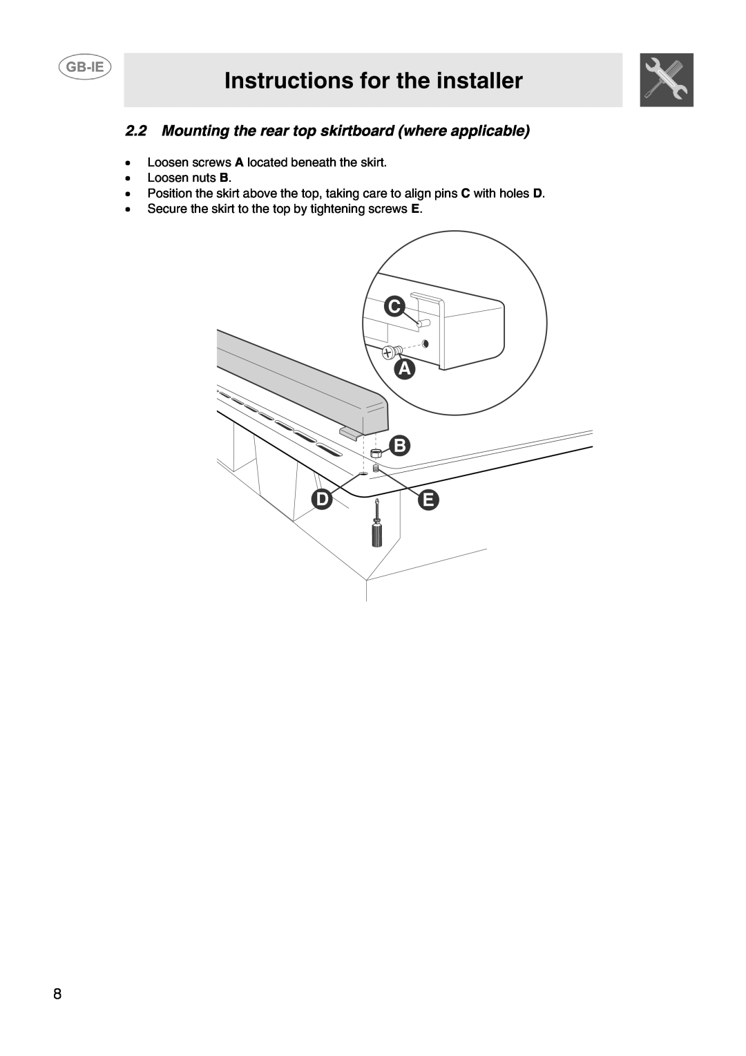 Smeg CIX64MS-5 manual Mounting the rear top skirtboard where applicable, Instructions for the installer 