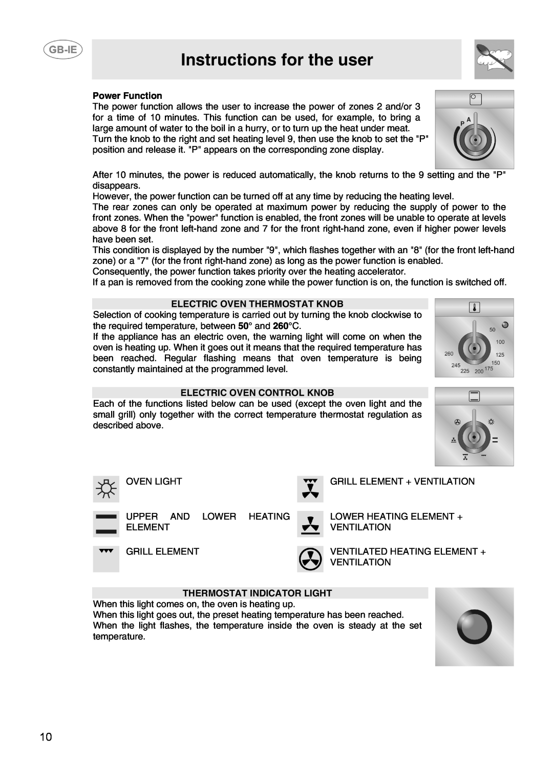 Smeg CIX64MS manual Instructions for the user, Power Function, Electric Oven Thermostat Knob, Electric Oven Control Knob 
