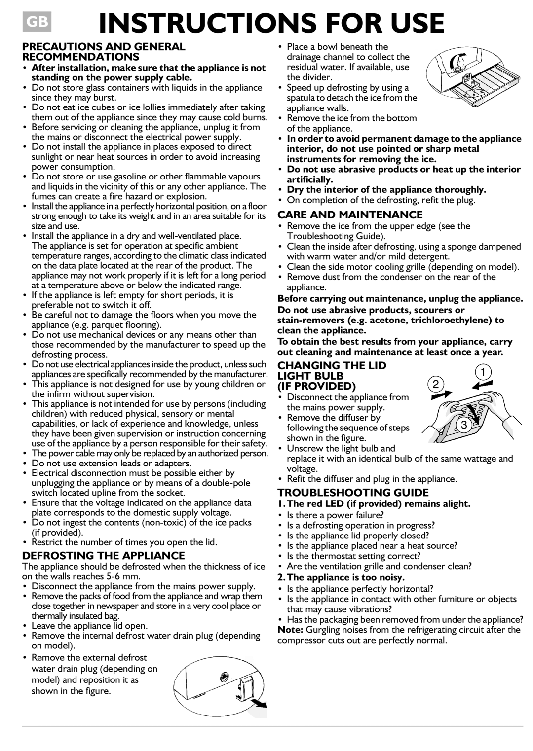 Smeg CO200 Precautions and General Recommendations, Defrosting the Appliance, Care and Maintenance, Troubleshooting Guide 