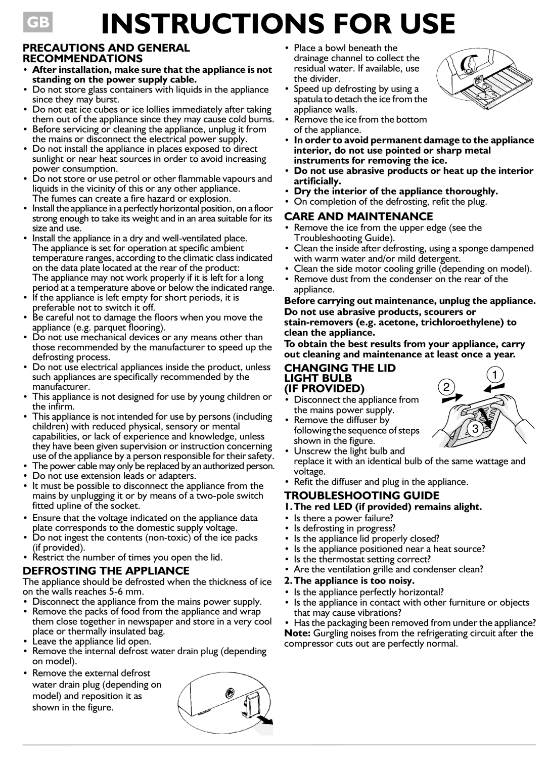 Smeg CO400 Precautions and General Recommendations, Defrosting the Appliance, Care and Maintenance, Troubleshooting Guide 