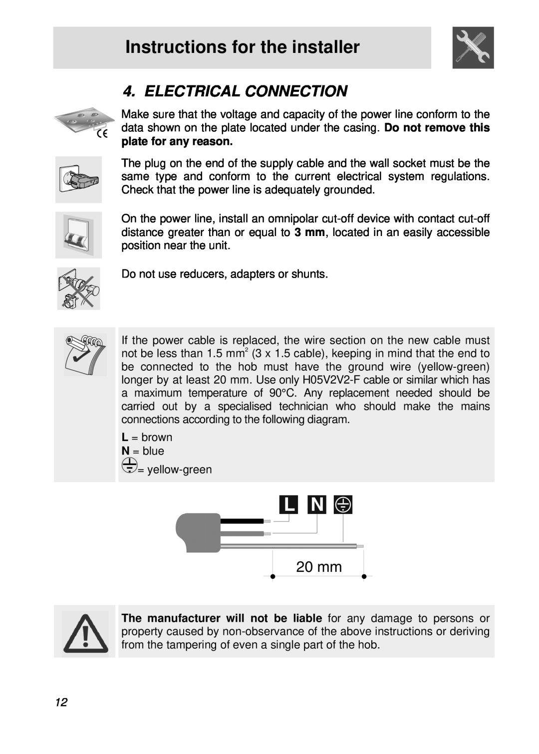 Smeg CIR60X, cooktop manual Electrical Connection, Instructions for the installer 