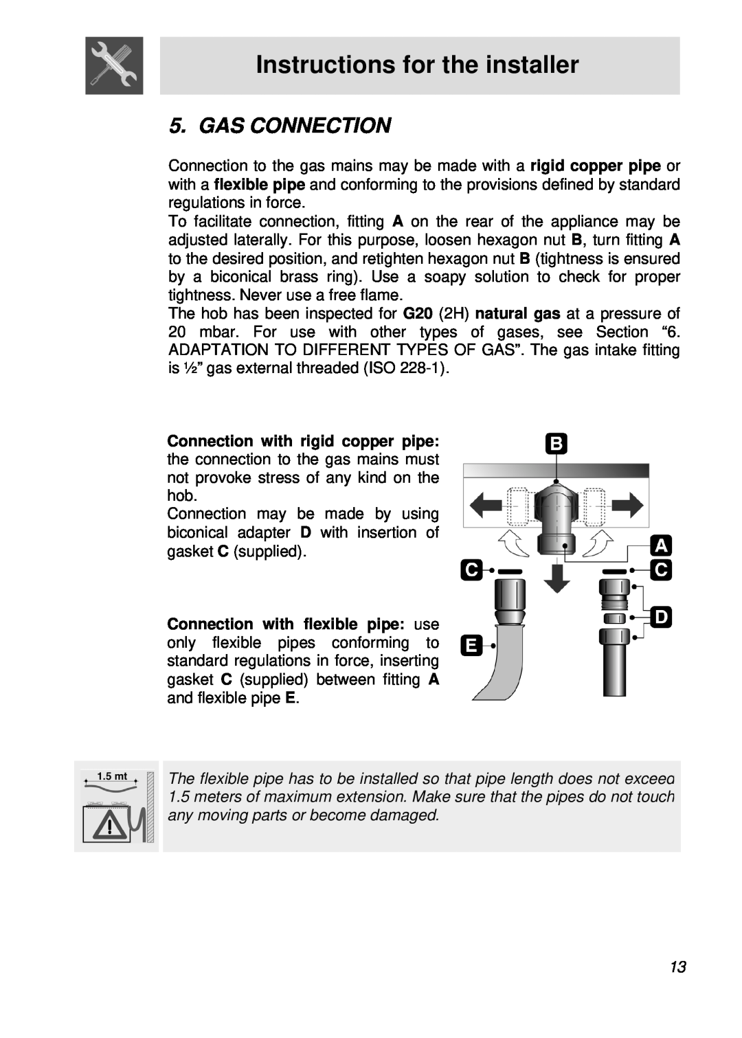 Smeg cooktop, CIR60X manual Gas Connection, Instructions for the installer 