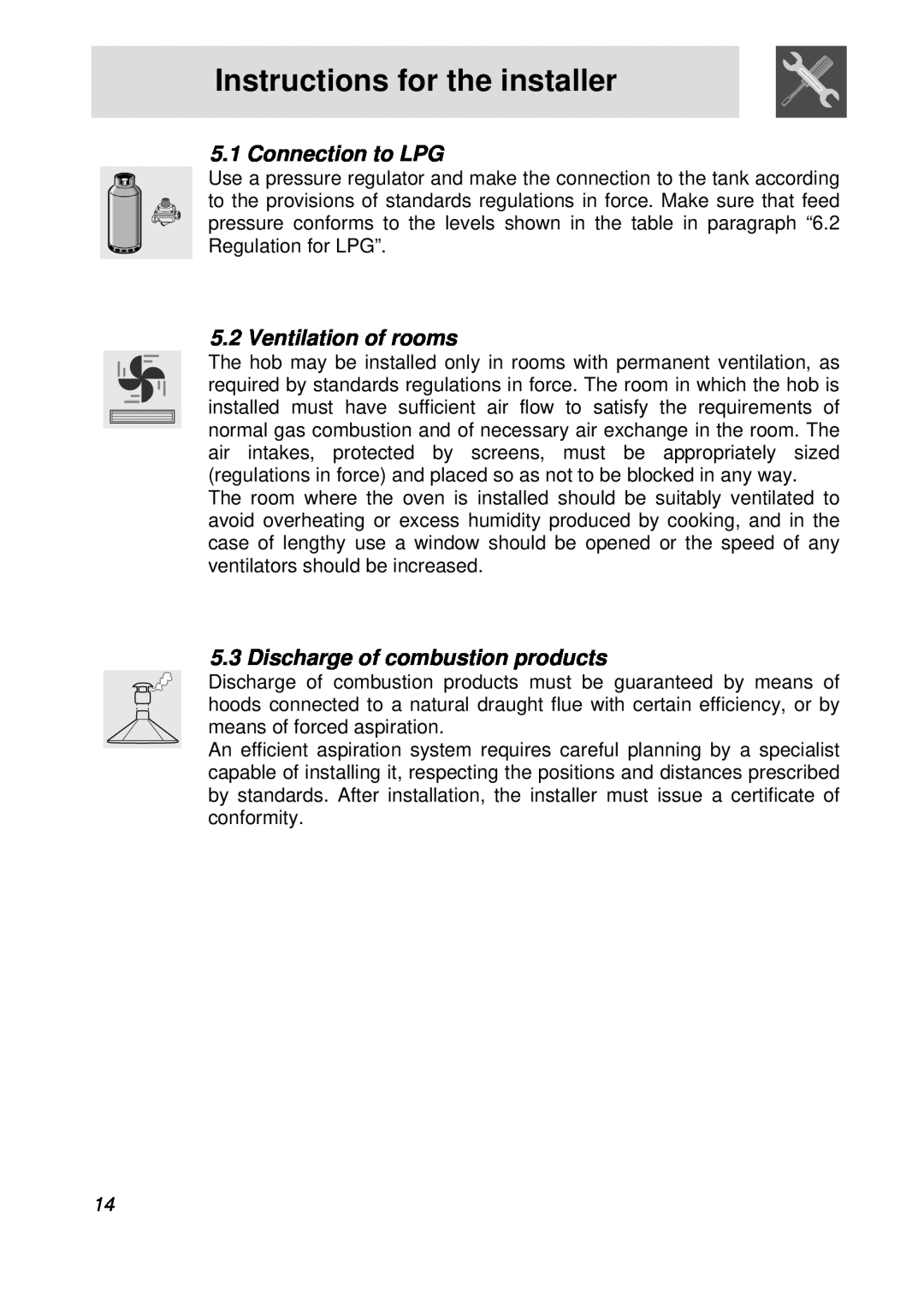 Smeg CIR60X Connection to LPG, Ventilation of rooms, Discharge of combustion products, Instructions for the installer 