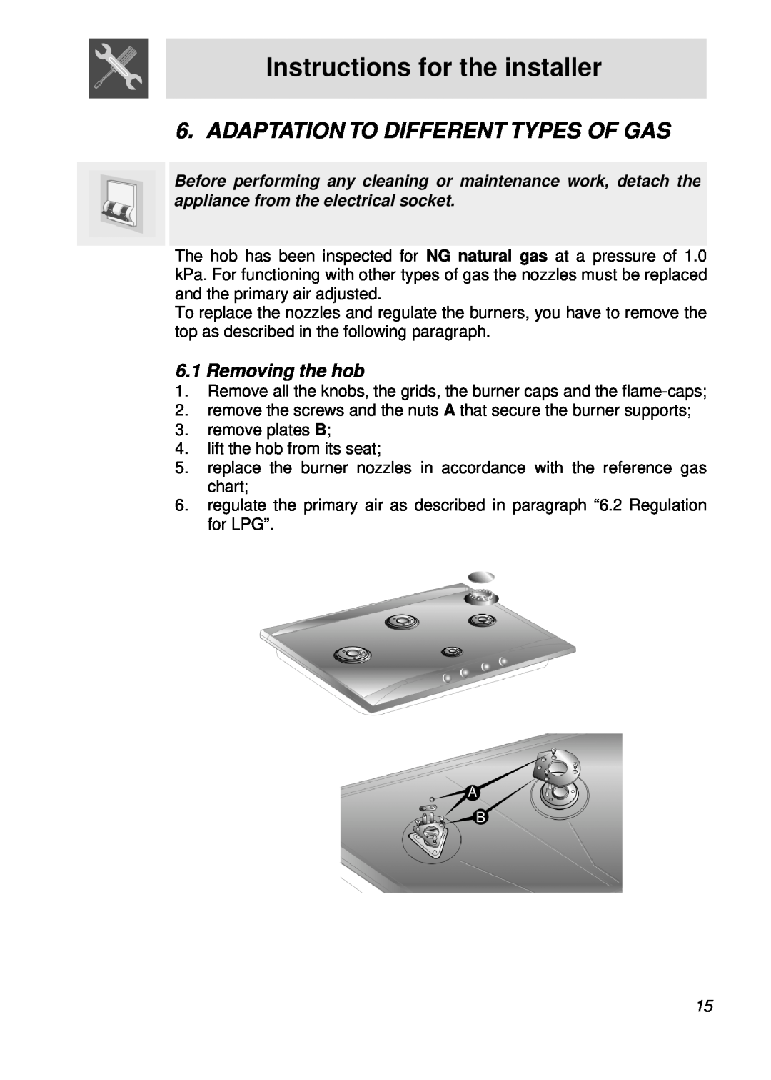 Smeg cooktop, CIR60X manual Adaptation To Different Types Of Gas, Removing the hob, Instructions for the installer 