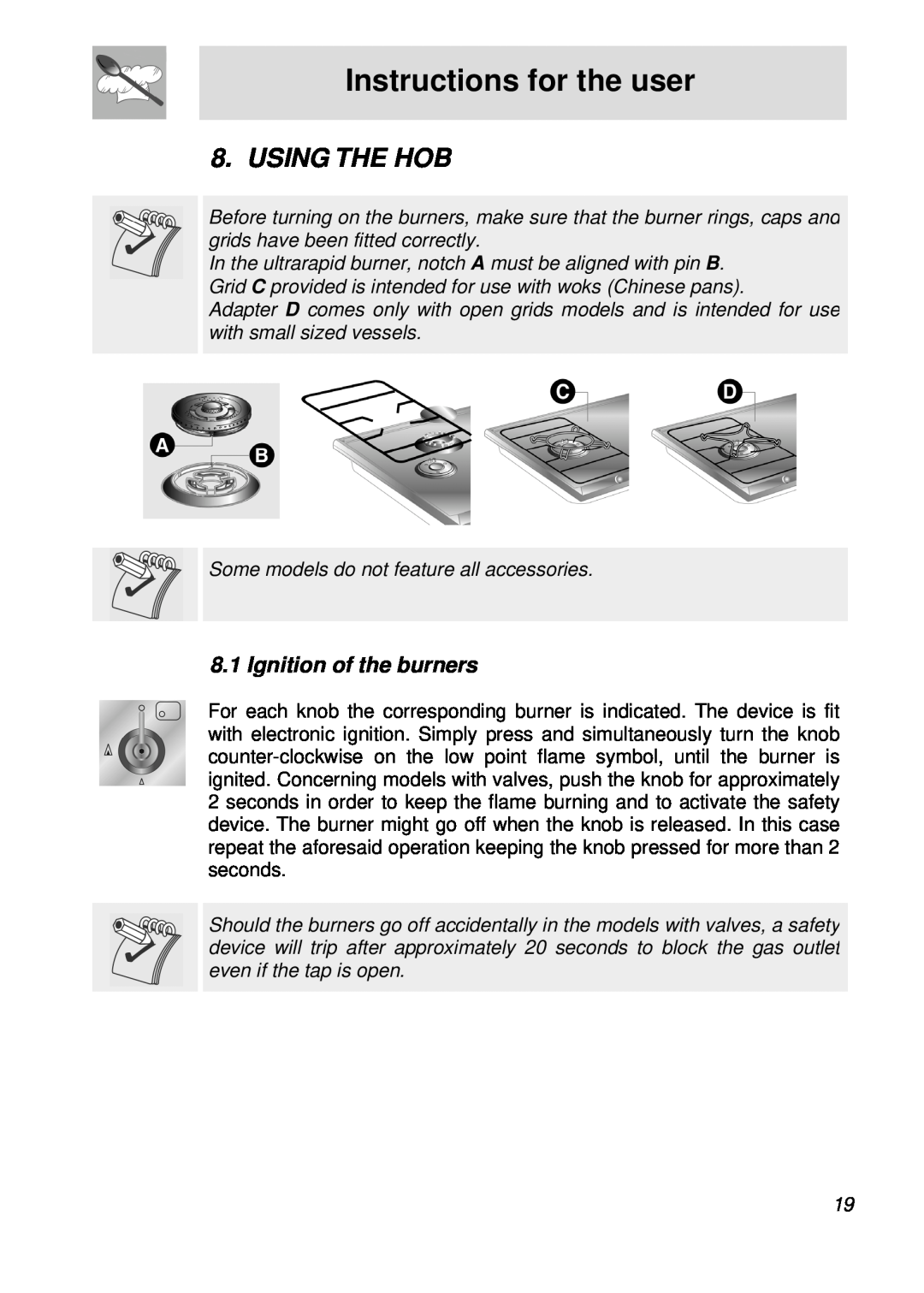 Smeg cooktop, CIR60X manual Instructions for the user, Using The Hob, Ignition of the burners 