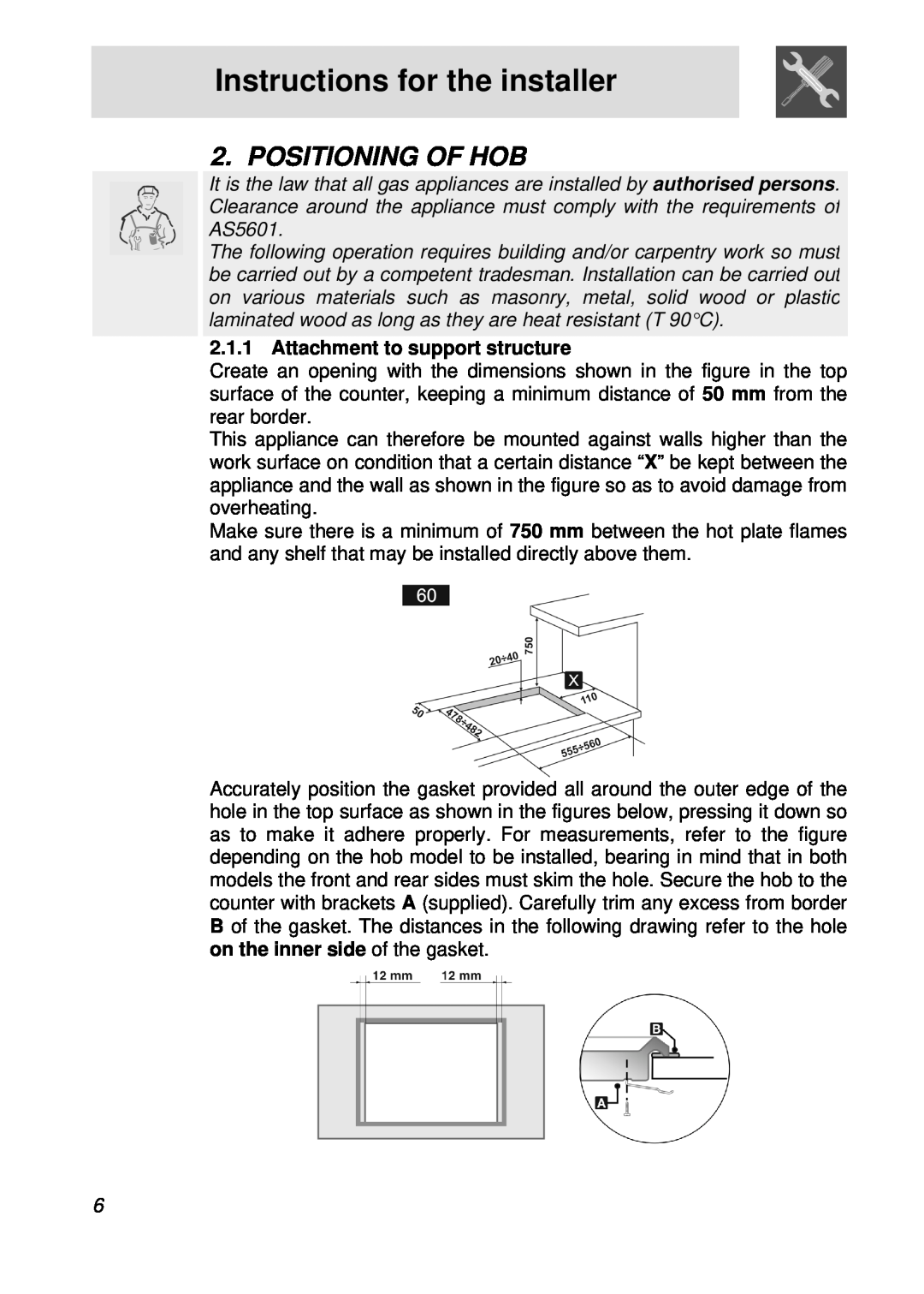 Smeg CIR60X, cooktop manual Instructions for the installer, Positioning Of Hob, Attachment to support structure 
