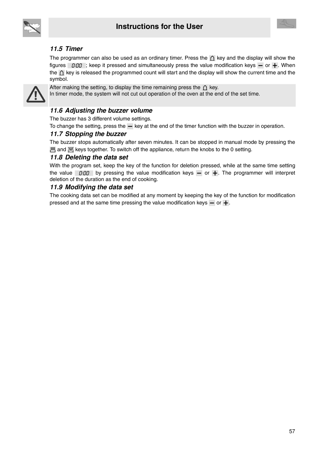 Smeg CP60X6 manual Timer, Adjusting the buzzer volume, Stopping the buzzer, Deleting the data set, Modifying the data set 