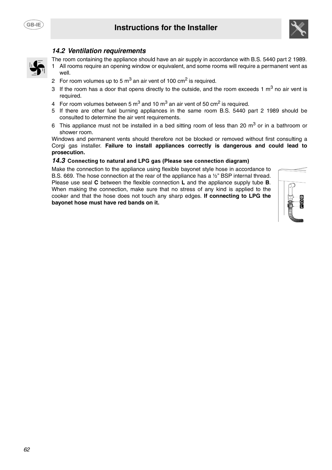 Smeg CP60X6 manual Ventilation requirements 