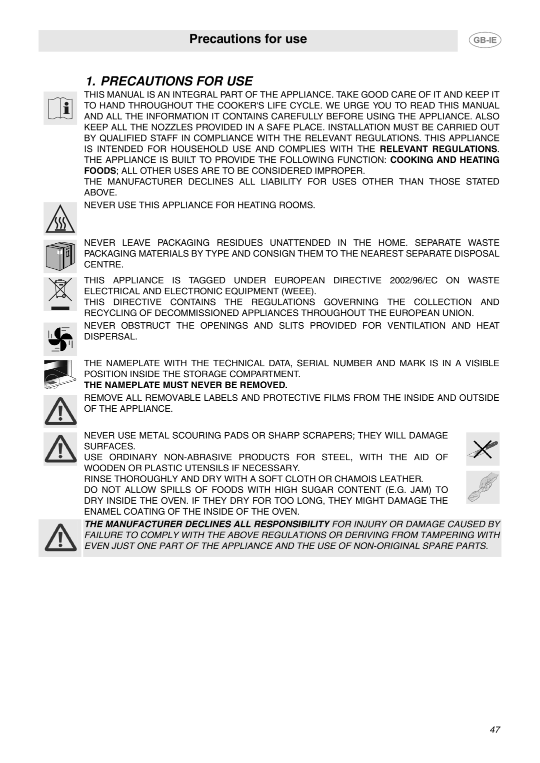 Smeg CP60X6 manual Precautions for USE, Nameplate Must Never be Removed 