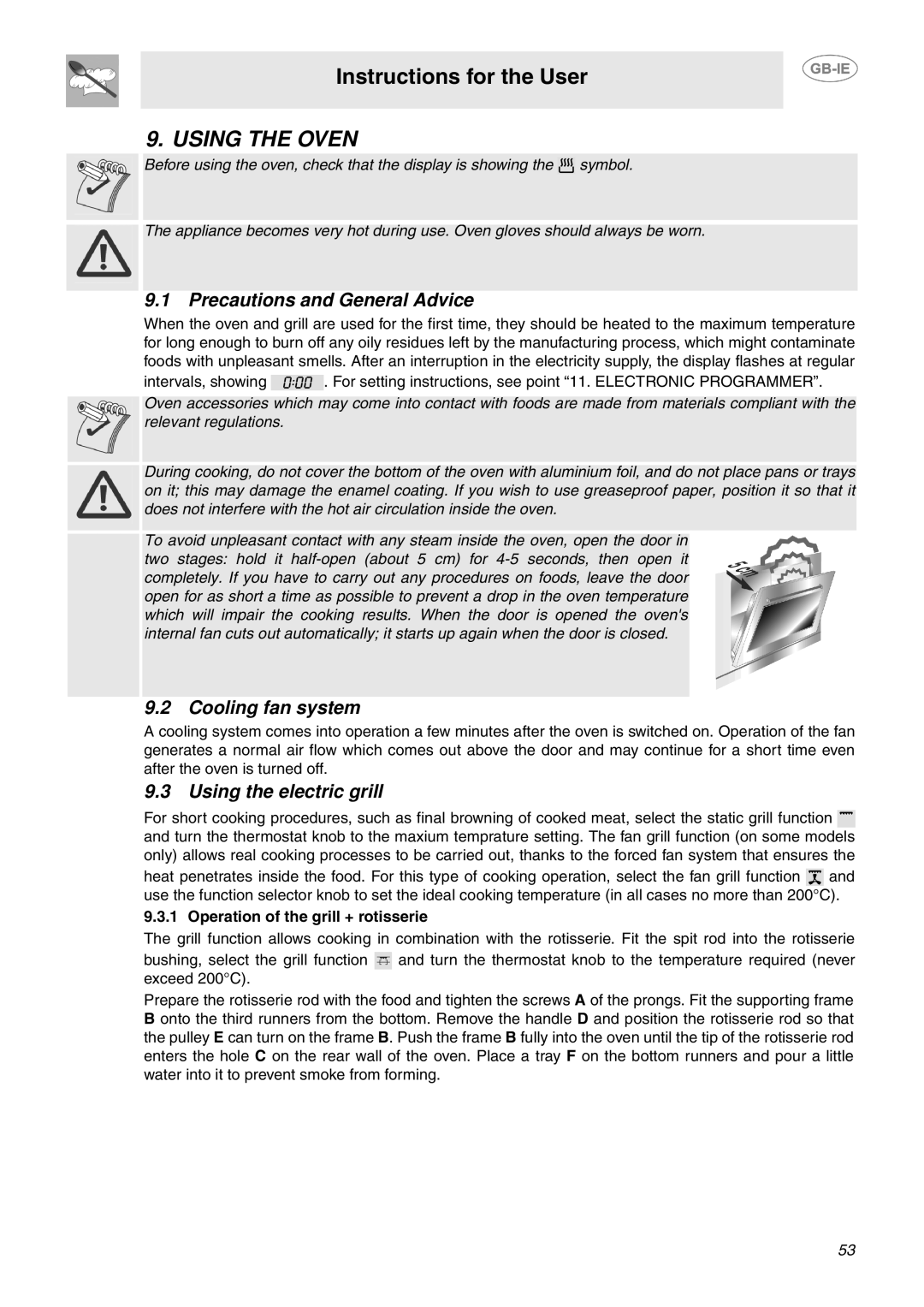 Smeg CP60X6 manual Using the Oven, Precautions and General Advice, Cooling fan system, Using the electric grill 