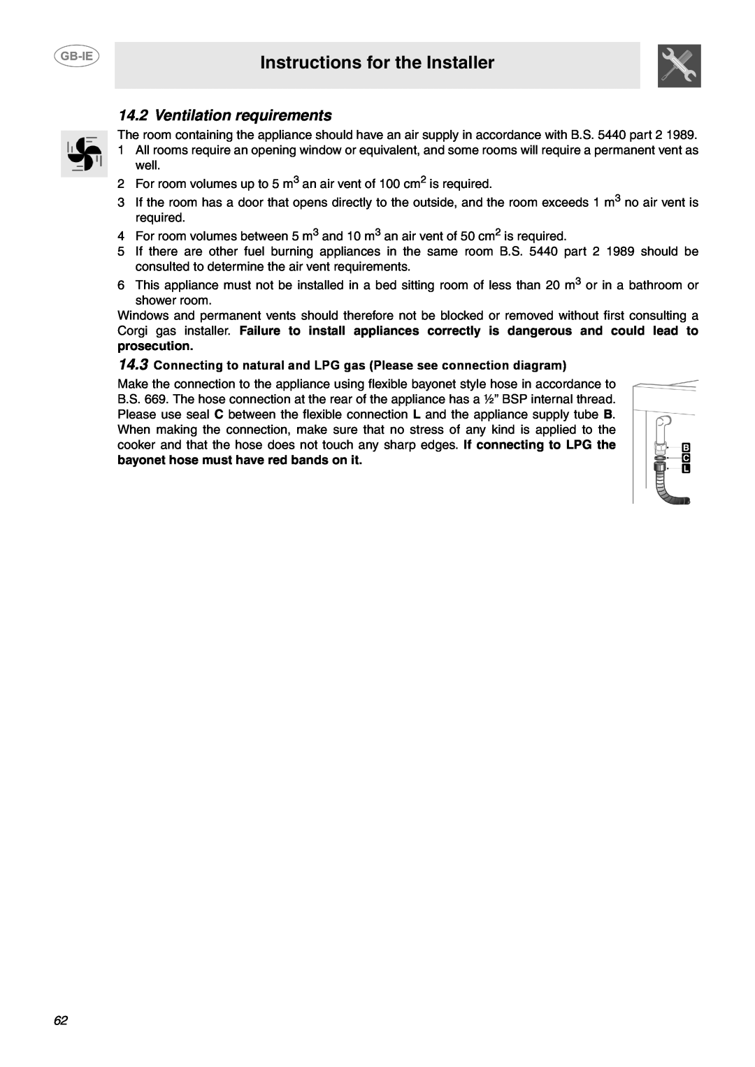 Smeg CP60X6 manual Ventilation requirements, Instructions for the Installer 