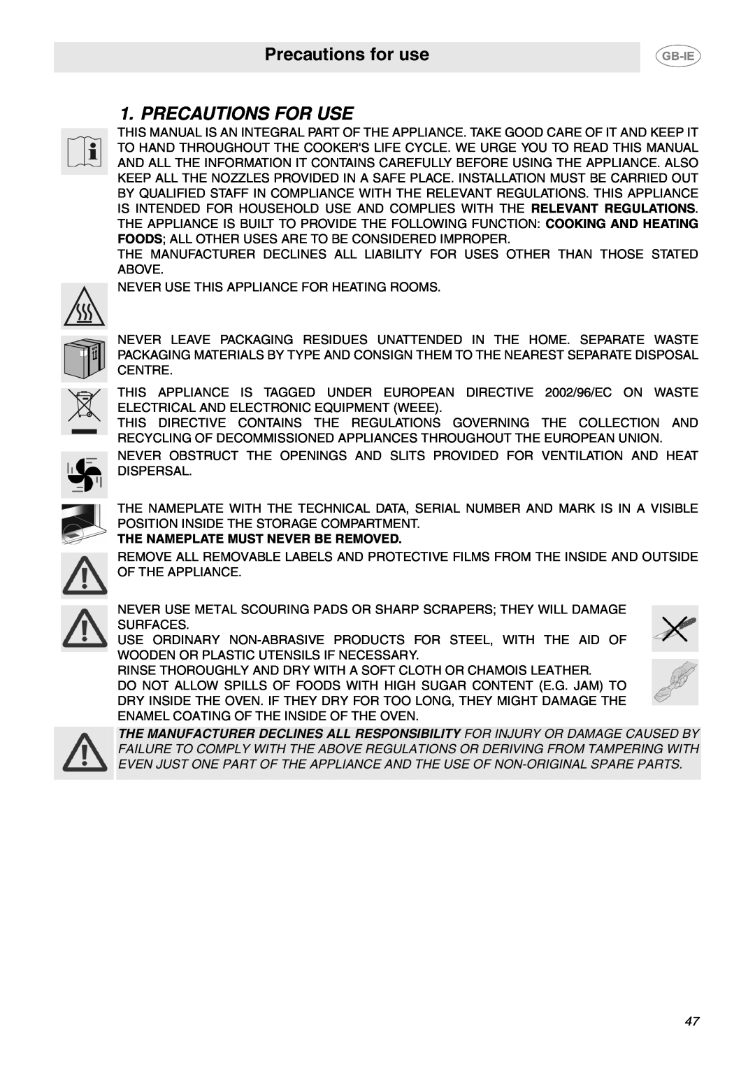 Smeg CP60X6 manual Precautions for use, Precautions For Use 