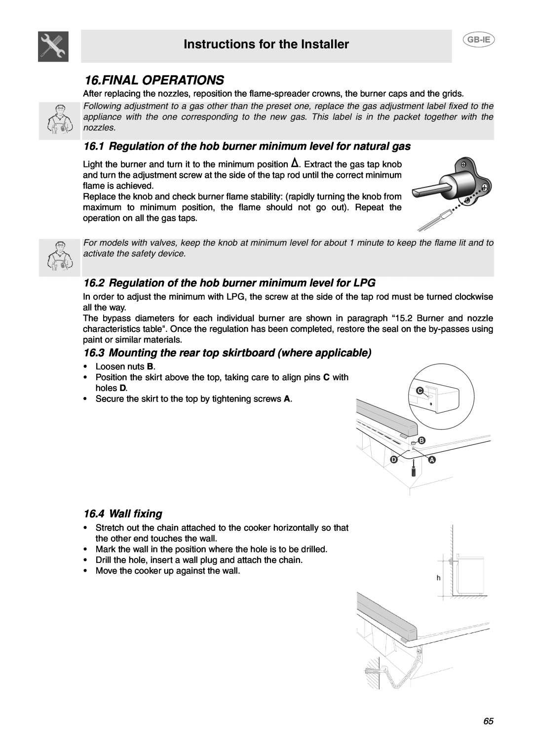 Smeg CP60X6 manual Final Operations, Wall fixing, Instructions for the Installer 