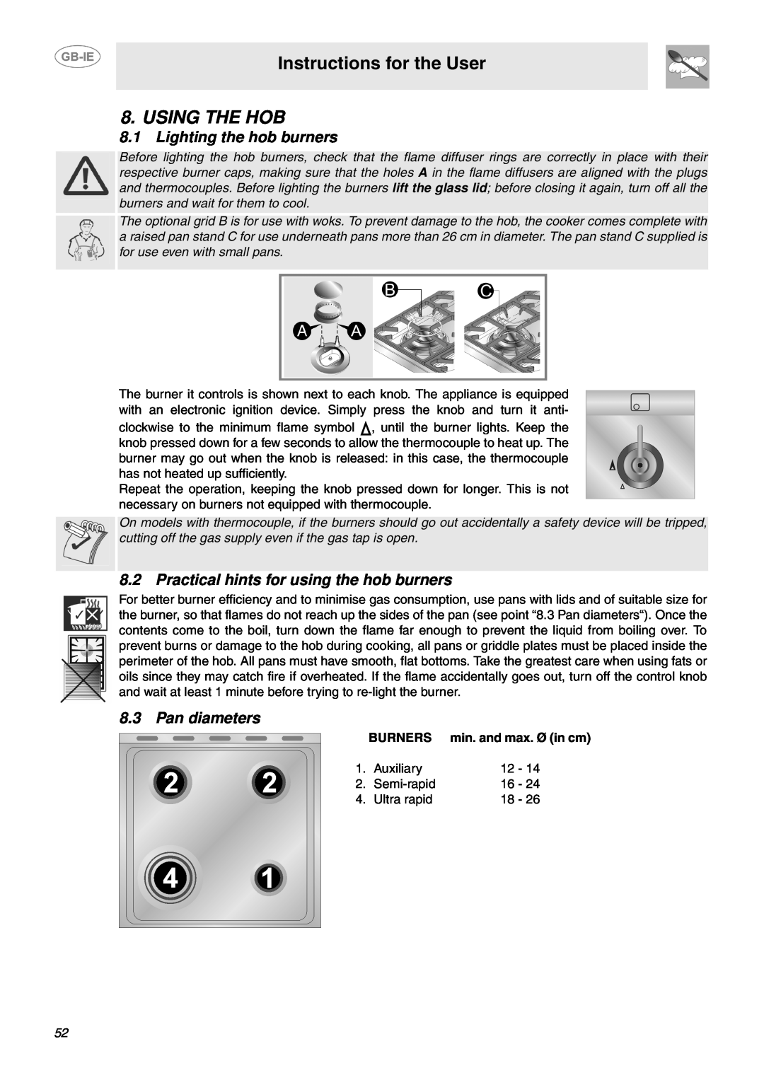 Smeg CP60X6 manual Using The Hob, Lighting the hob burners, Practical hints for using the hob burners, Pan diameters 